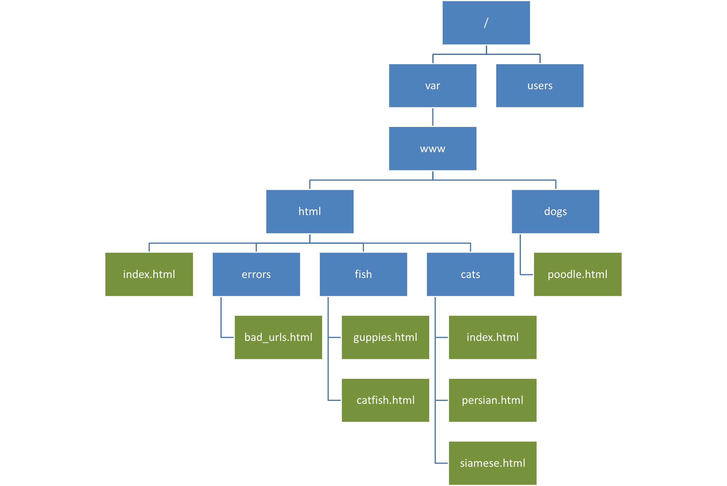 A file system. / at the top with two subdirectories, var and users. var has a subdirectory called wwww. www has two subdirectories, html and dogs. dogs contains a file, poodles.html. html contains a file, index.html, plus three subdirectories, errors (containing bad_urls.html), fish (containing guppies.html and catfish.html) and cats (containing index.html, persian.html and siamese.html).