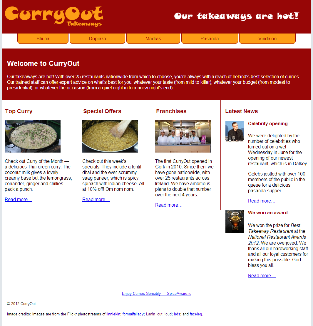 This wide layout has the permanent menu bar across the screen, below the banner image, and then a welcome message. Below these, the layout is four-column.