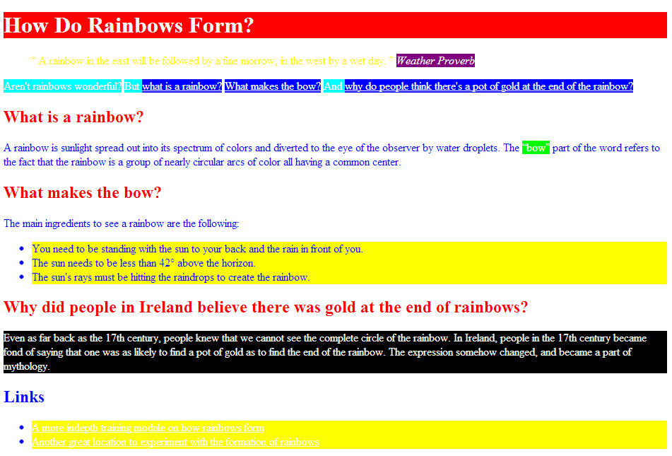 A screenshot of how rainbow.html should appear when this exercise is complete.